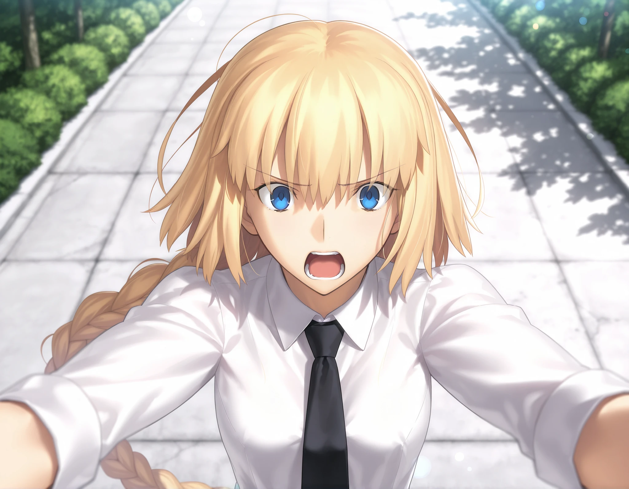 masterpiece, , absurdres, highres, detailed background, high resolution, masterpiece, necessary, detail, best quality, quality, necessary, details, High details, Precise, outdoors, (dappled sunlight), day, lens flare, blurry background, ((from above)), upper body, , solo, ,
1girl, , Takeuchi Takashi (type-moon,tsukihime) style, takeuchi takashi style, (outstretched arms), ((grimace, scared)), ((Yelling out)), hands up,
tall girl, mature, jeanne d arc, \(fgo\), blue eyes, , jeanne d arc, blonde hair, medium hair, ( floating hair ), (open white dress shirt), black necktie ,big braid, single braid, small breasts, underwear, looking at viewer, , concrete, , ,