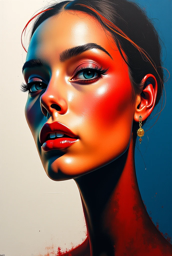 przedstawia twarz kobiety namalowaną w stylu abstrakcyjnym, z dominacją odcieni czerni, bieli, szarości oraz złota. Charakteryzuje się mocnymi, ekspresyjnymi pociągnięciami pędzla, które tworzą teksturę i głębię.

Twarz kobiety jest lekko asymetryczna, z podkreślonymi ustami i nosem, ale oczy są albo niewyraźne, albo celowo rozmyte, co nadaje pracy tajemniczości. Złoty kolor pojawia się jako akcent – w formie linii i refleksów – i kontrastuje z resztą stonowanej palety. Tło jest ciemne, lekko rozmazane, co sprawia, że twarz wydaje się wyłaniać z mroku.