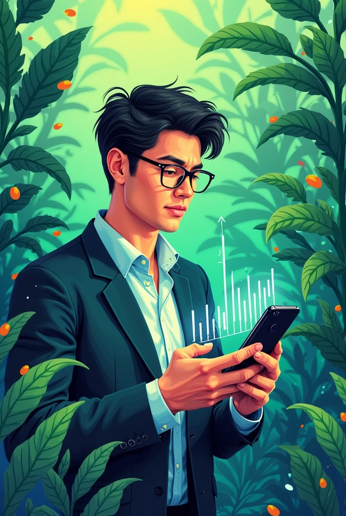 Trading ideas, Green background with black, bright, phone, stock growth chart