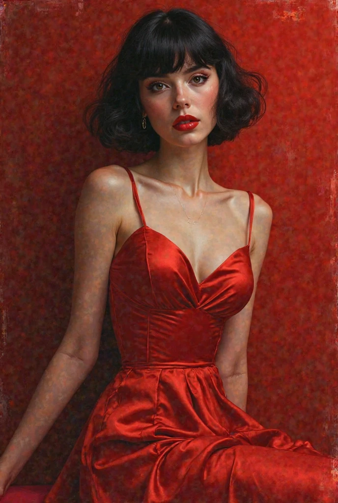 illustration of an elegant girl on the cover of a retro fashion magazine using chiaroscuro (((Short hair without bangs: 1,4, beautiful eyes), High quality, Silk dress, matte paint, Very soft colors, deep and bright, dark red pastel, very detailed, The art of mathematics, High contrast, dramatic, complex, tonal, intimate, and romantic, a masterpiece in the style of Collage Chaos