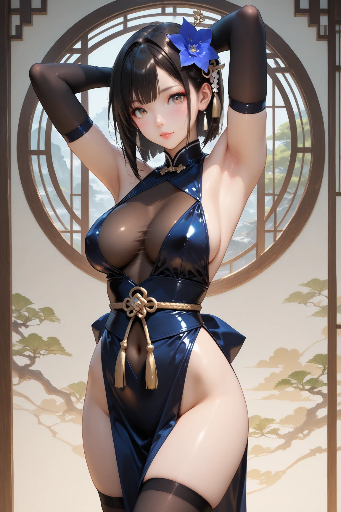 (Highest quality, 8K, masterpiece:1.2), Reality:1.4, One girl,alone, Black Hair, (Beautiful breasts, Underbust), (Small beautiful butt:1.3, Thin thighs:1.3), Have, Light_smile, (Ofuda), (China dress), Arms crossed, whole body, Outdoor, Hanging lanterns, night, Higashi Setuna, ((Detailed eyes and face:1.2, Professional photography techniques)), ((Baby-faced beautiful girl, Cute face)), (Detailed hands and arms:1.2)