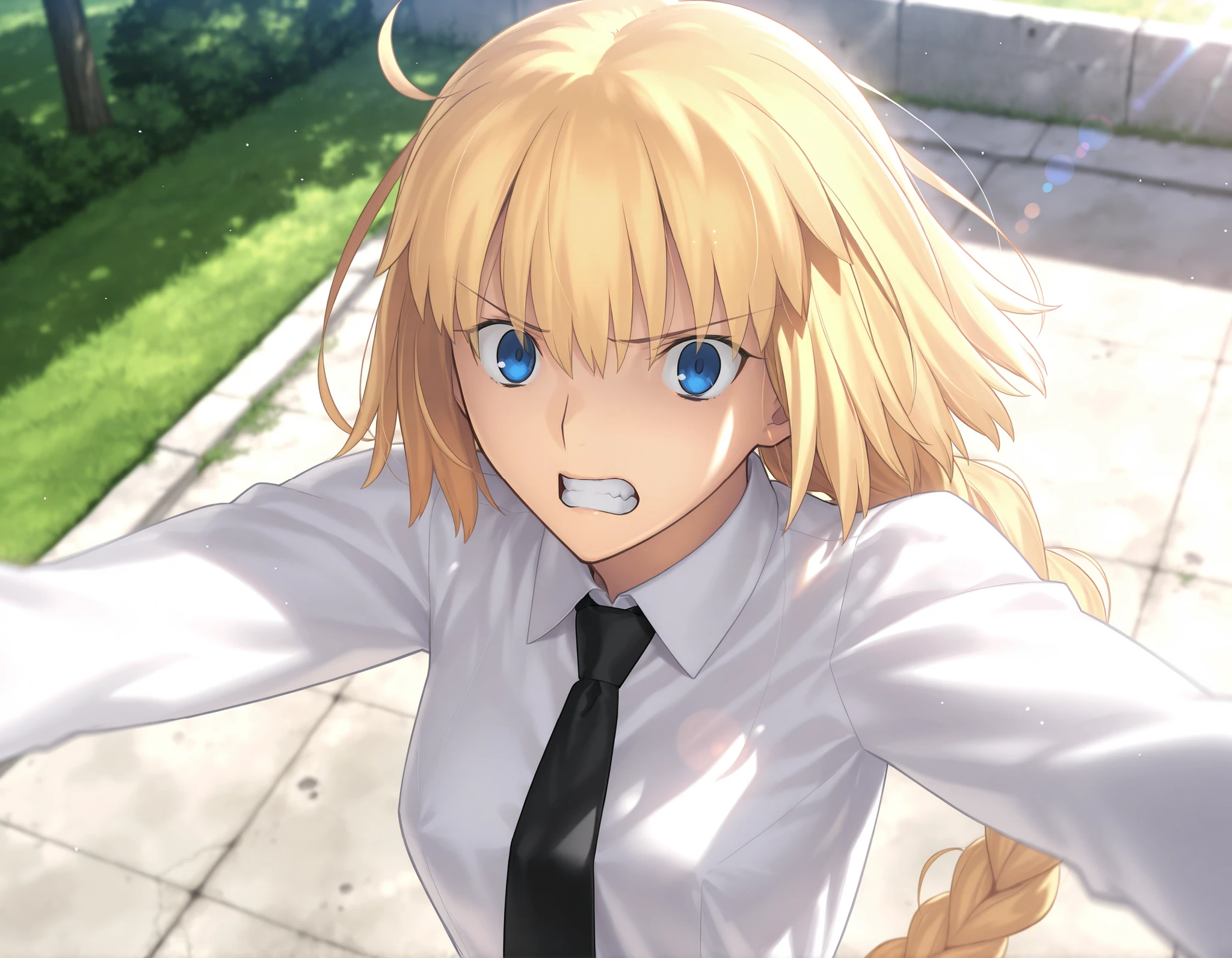 masterpiece, , absurdres, highres, detailed background, high resolution, masterpiece, necessary, detail, best quality, quality, necessary, details, High details, Precise, outdoors, (dappled sunlight), day, lens flare, blurry background, ((from above)), upper body, , solo, ,
1girl, , Takeuchi Takashi (type-moon,tsukihime) style, takeuchi takashi style, (outstretched arms), ((grimace, scared)), ((Yelling out)), hands up,
tall girl, mature, jeanne d arc, \(fgo\), blue eyes, , jeanne d arc, blonde hair, medium hair, ( floating hair ), (open white dress shirt), black necktie ,big braid, single braid, small breasts, underwear, looking at viewer, , concrete, , ,