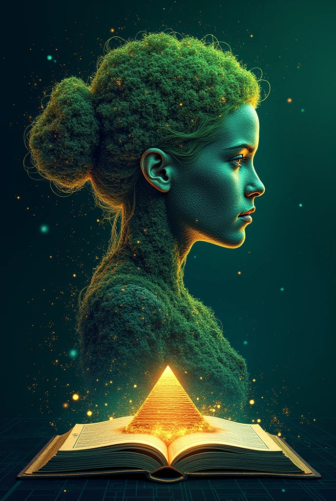 The Cartographer of the Future"*  

### **🎨  Visual Design :**  
1. **Base:**  
   - **bottom:** A *digital universe* (galaxies mixed with electronic circuits or an old map with routes that are transformed into binary codes).  
   - **color palette:**  
     - **Dark blue** (#0A174E) for depth.  
     - **neon green** (#2EC4B6) for innovation.  
     - ** golden touches ** (#FFD700) to symbolize knowledge.  

2. **Central element (choose uno):**  
   - **Option A (rostro):** Your photo with an effect *"half human woman,  Half IA "* (normal left side effect, right side with pixels or circuits).  
  
3. **Key Details:**  
—hair being like a mirror in which a tree is reflected with branches of electrical cables and the fruit being represented by innovation. 
   - **open book** with pages that become a **red neuronal** (education +  technology ).  
   - **forget** revealing a  *chip* or one *ancient pyramid* (exploration of the past/ Future).  
   - **Shadow of a warning triangle** (⚠️ risks) and a **gear** (⚙️ innovation).  

4. **Graphic style (choose):**  
   - ** Epic Version :** dramatic lighting (side light that casts shadows of floating data). 