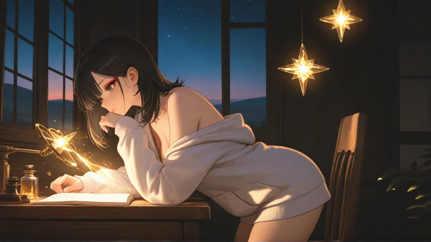 highest quality, (masterpiece:1.2), very detailed,shinkai makoto, kimi no na wa., 1 girl, bangs, black hair, brown eyes, waterfall braid, red ribbon, long hair, alone, blush, looking at the viewer, Bedroom, night, naked、No underwear、(on the bed:1),(Doing a presentation:1.2),(best shadow), (moonlit room:1.1),(soft bed linen:1.1),1 girl, naked、small breasts、spread your legs