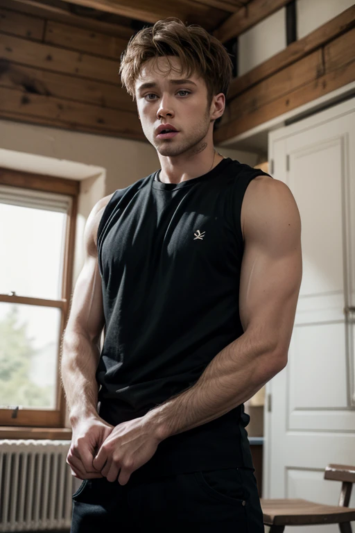Male 21 year old shirtless soccer player from Germany wearing suspenders and no shirt and fingerless gloves.