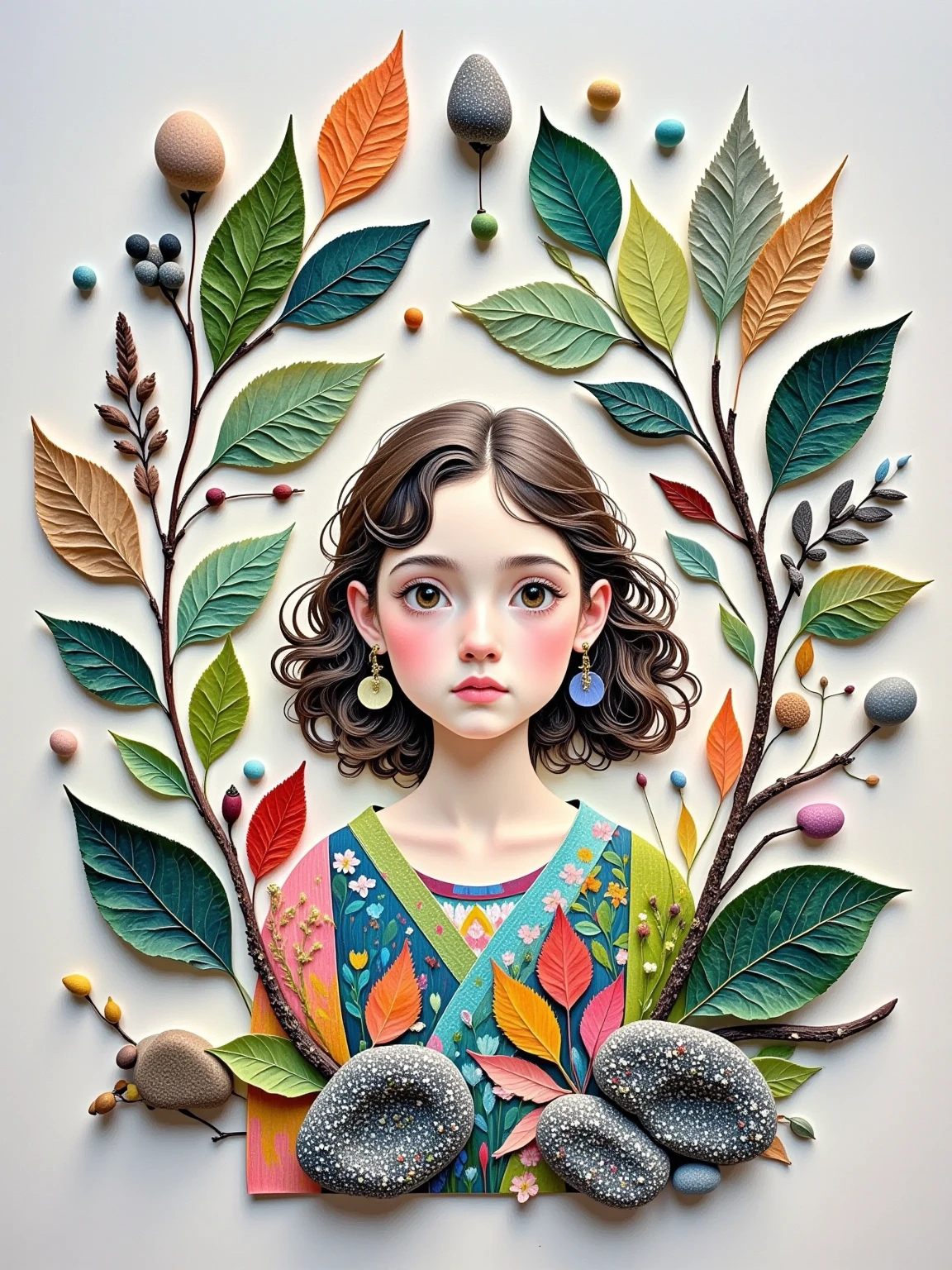 A young girl, with pensive expression, gazes at a meticulously crafted, intricately detailed, hand-painted botanical collage. Watercolor pencils and delicate brushstrokes accentuate the textural variety of the collage. Leaves, in rich emerald greens and deep forest browns, are juxtaposed with seeds, their intricate designs highlighted. Smooth, grey-veined stones, some hinting at ancient origins, form a textured backdrop, interspersed with bark and branches, rendered in muted sepia and burnt orange hues. The composition is clean and minimalist, focusing attention on the vibrant plant life. The girl's form is simple, almost stylized, drawing the eye to the remarkable detail of the botanical elements. The overall aesthetic is vintage, hinting at a nature-inspired, botanical album cover, rich with textures and muted colors. A sense of quiet contemplation hangs in the air, a masterful blend of nature and artistry.