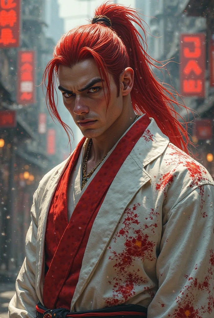 Create a male Yakuza character, style hair mixed with a ninja in a white and red costume , red hair with ponytail ,  brown eyes 