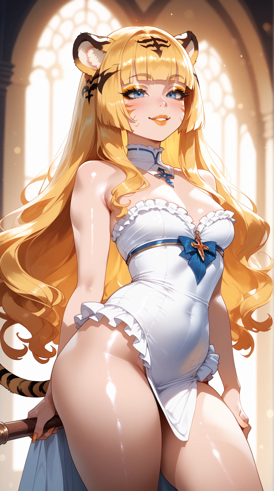 Visualize an adult female Sanji from One Piece reimagined in a cute yet subtly seductive bunny costume. Her blonde hair is styled in soft, playful waves or a chic high ponytail, highlighting her striking features. Her bright blue eyes gleam with a mix of charm and allure, perfectly suited to the whimsical yet seductive nature of the costume.
She is dressed in a bunny-themed costume with the following features:
Bodysuit: A form-fitting, soft pastel pink or classic white bodysuit made from plush, velvety fabric. The bodysuit is designed to be both flattering and playful, with a sweetheart neckline that adds a touch of allure. The material is cozy yet sleek, emphasizing her figure while maintaining a cute appearance.
Hood: The costume includes a hood with large, floppy bunny ears. The ears are lined with a contrasting color such as light pink or white and are designed to stand up or droop in an endearing manner. The hood also features a small, embroidered bunny face, including a cute nose and mouth.
Paws: The outfit features matching bunny paws for both hands and feet. The hand paws are made from soft, padded fabric with rounded tips, adding to the costume’s playful charm. The foot paws are similarly designed, completing the look with a whimsical touch.
Tail: A fluffy, white bunny tail is attached to the back of the bodysuit, adding a final cute detail to the ensemble.
Accessories: To add a touch of subtle seduction, the costume might include a decorative bowtie or collar around her neck, and delicate, adjustable satin ribbons or lace detailing along the bodysuit’s edges. The ribbons could be tied into a cute bow at the back or front, adding an elegant yet playful touch.
Additional Details:
Pose: Sanji’s pose is both playful and subtly seductive. She could be standing with a flirtatious smile, one hand resting on her hip and the other gently adjusting her bunny ears or holding a small prop, like a carrot or a cute toy. Her stance is confident yet endearing, capturin