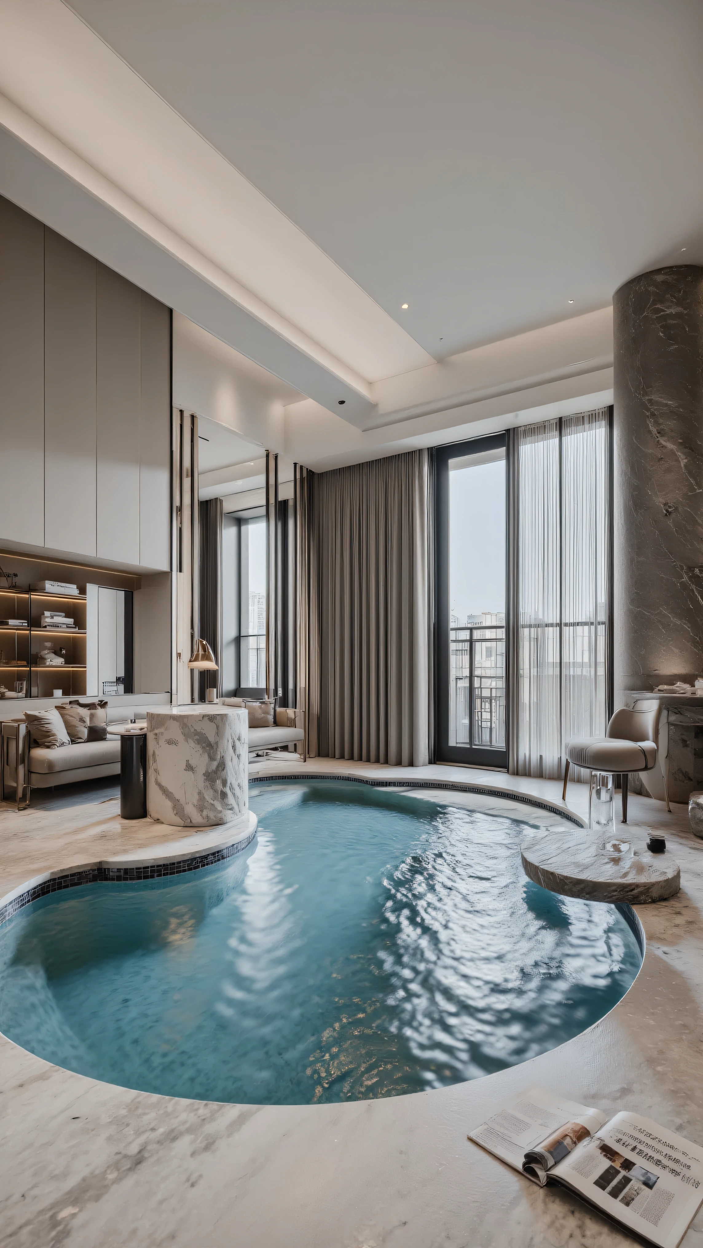 4K,8K,Studio Quality,Chinese Penthouse,Swimming Pool inside Penthouse, Inside China Highclass Penthouse Tower Room with Swimming Pool,Make the Water Pool Realistic, make the photo realistic, vibes color with black and white, Billionaire Vibes Room,Full Furnitured, Detailed.