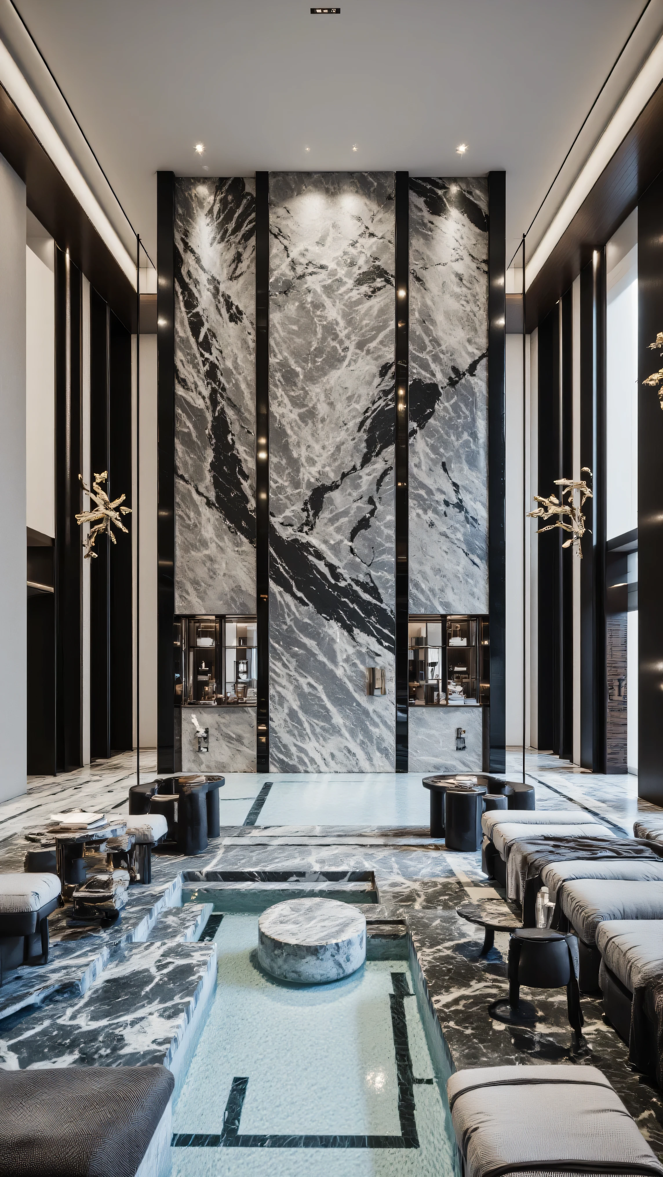 4K,8K,Studio Quality,Chinese Penthouse,Swimming Pool inside Penthouse, Inside China Highclass Penthouse Tower Room with Swimming Pool,Make the Water Pool Realistic, make the photo realistic, vibes color with black and white, Billionaire Vibes Room,Full Furnitured, Detailed.