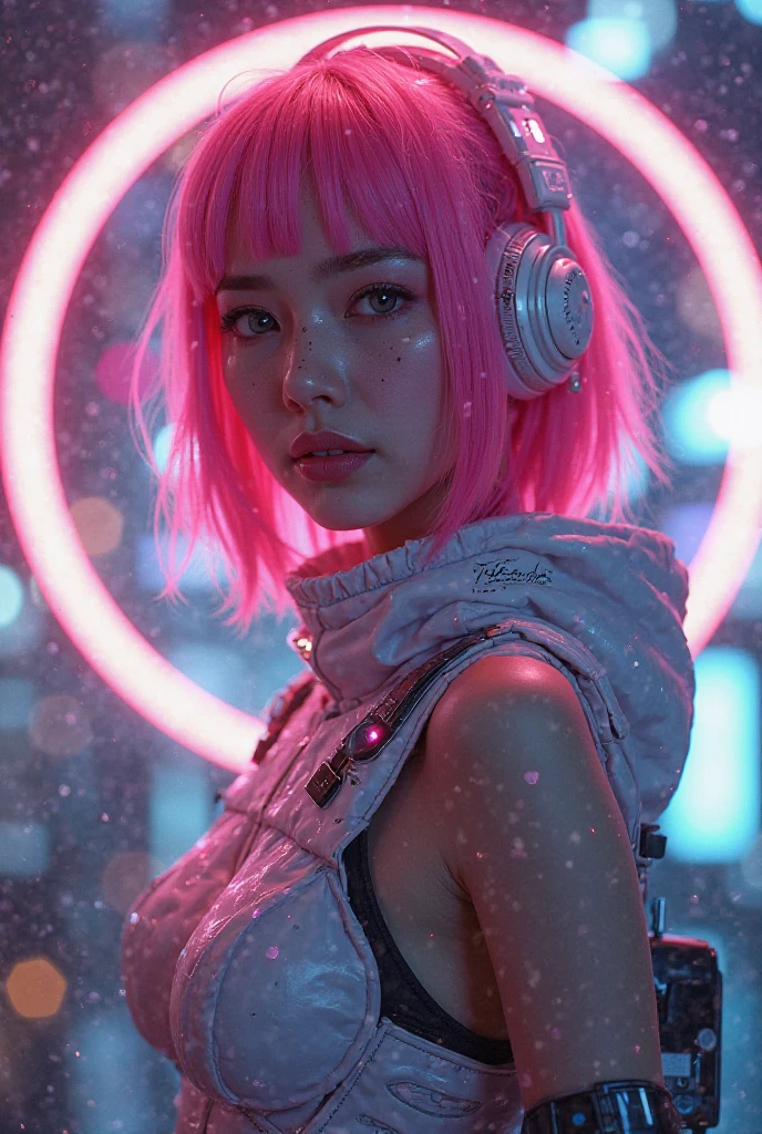 Ultra-realistic style，highest image quality。She wears a futuristic design outfit，on your head Wearing an LED light hairpiece。Do not wear clothing with ，and carry a cyberweapon。Using a high angle，{x}} A smiling girl with bright pink short hair {x} in a circle is a double exposure of a neon-lit web city scene。Shooting style，to emphasize dynamic poses，Add lighting effects，The background is simple city colors
