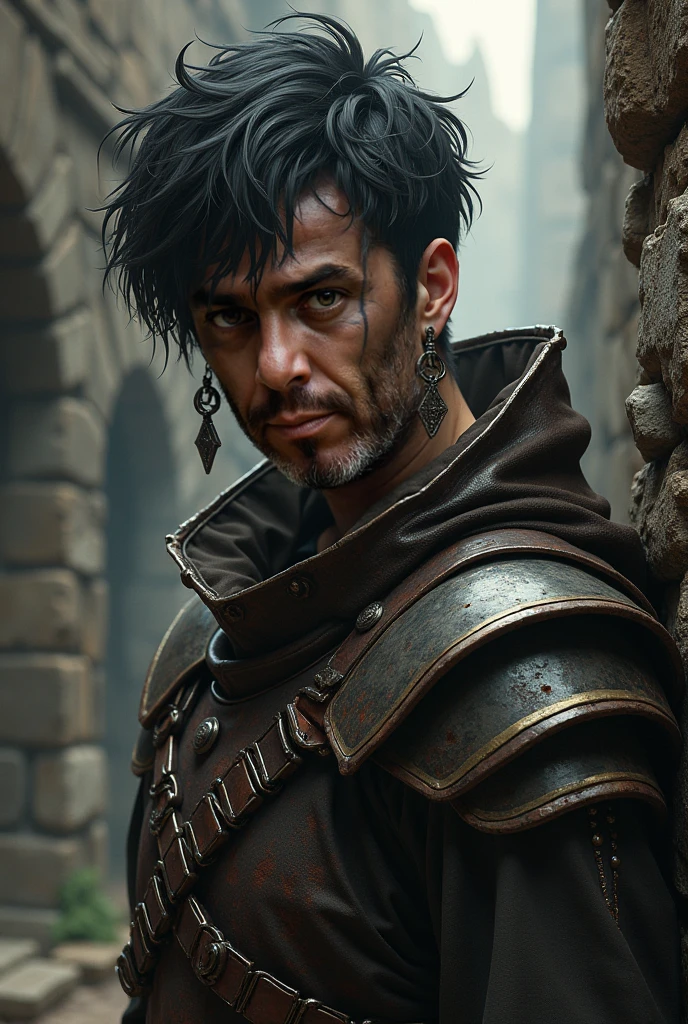 Turn the face in the picture into a medieval warrior, ????, impoverished,  anime, strong , short-haired, with earrings