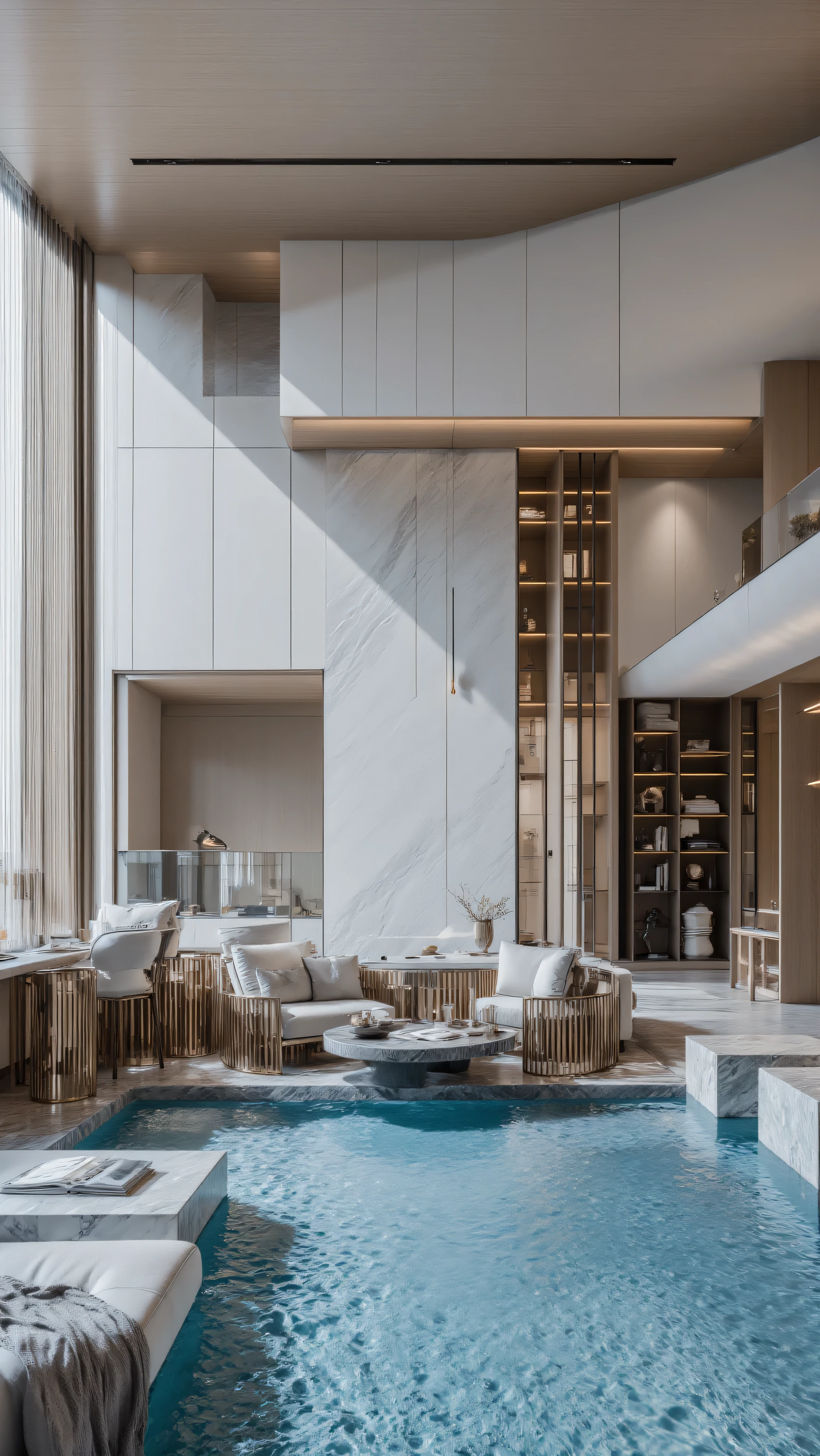 4K,8K,Studio Quality,Chinese Penthouse,Swimming Pool inside Penthouse, Inside China Highclass Penthouse Tower Room with Swimming Pool,Make the Water Pool Realistic, make the photo realistic, vibes color with black and white, Billionaire Vibes Room,Full Furnitured, Detailed.
