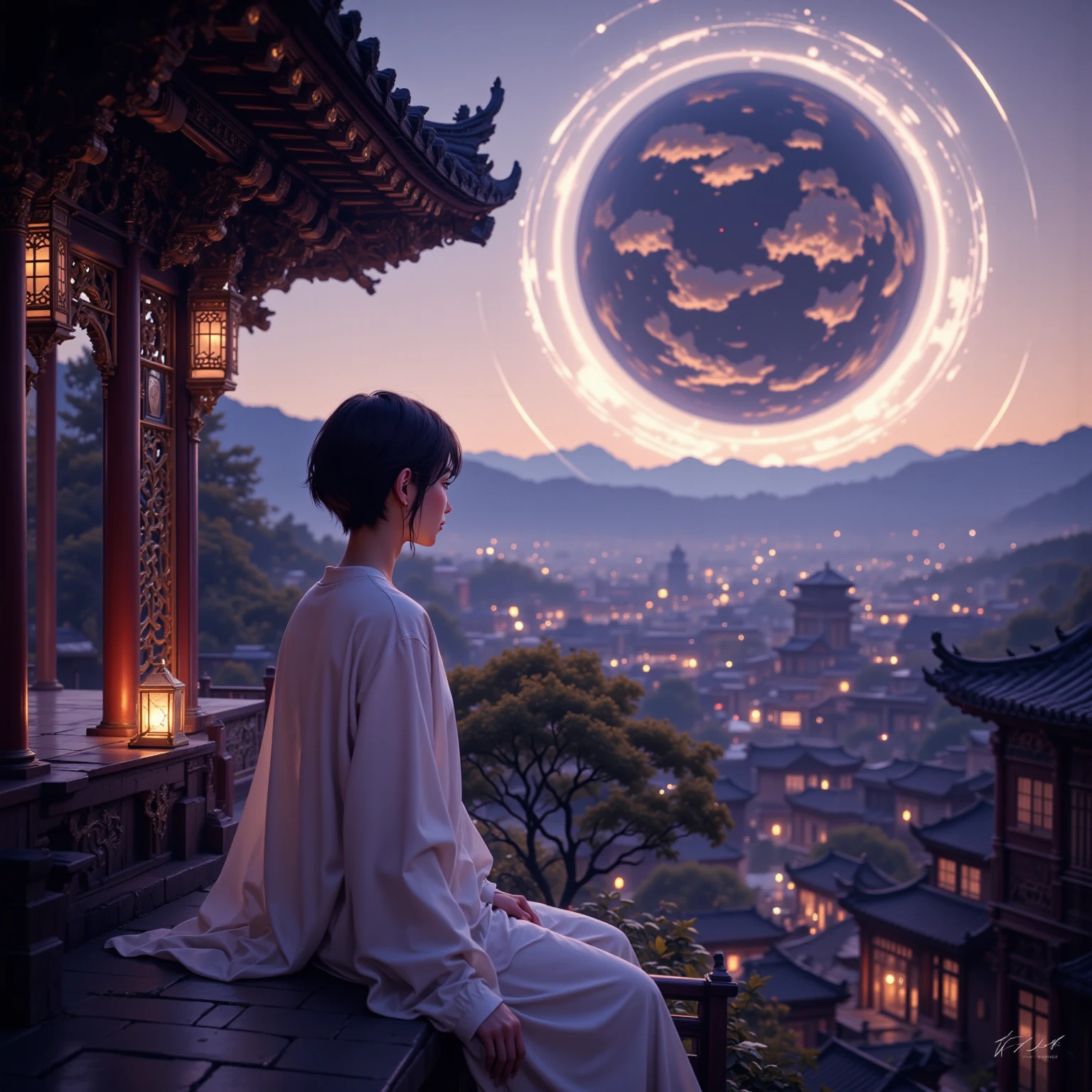 Dusk, full body, smile, Outdoors,  orbital space, simple background, 青いnull, short hair, null, temple, watching the audience, I'm sitting on the stairs, village, Soft light best quality,4K,Superb work,super realistic,photo-realistic,HDR,studio lighting for women,Superb Paintings,high resolution,clear focus,Realistic,rich colors,Bokeh