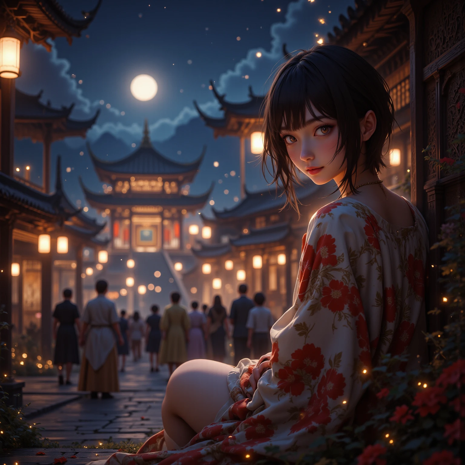 Dusk, full body, smile, Outdoors,  orbital space, simple background, 青いnull, short hair, null, temple, watching the audience, I'm sitting on the stairs, village, Soft light best quality,4K,Superb work,super realistic,photo-realistic,HDR,studio lighting for women,Superb Paintings,high resolution,clear focus,Realistic,rich colors,Bokeh