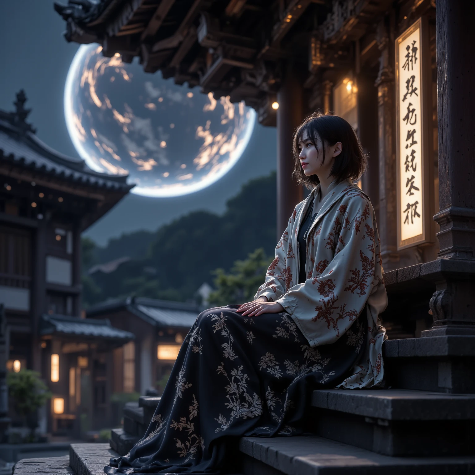 Dusk, full body, smile, Outdoors,  orbital space, simple background, 青いnull, short hair, null, temple, watching the audience, I'm sitting on the stairs, village, Soft light best quality,4K,Superb work,super realistic,photo-realistic,HDR,studio lighting for women,Superb Paintings,high resolution,clear focus,Realistic,rich colors,Bokeh