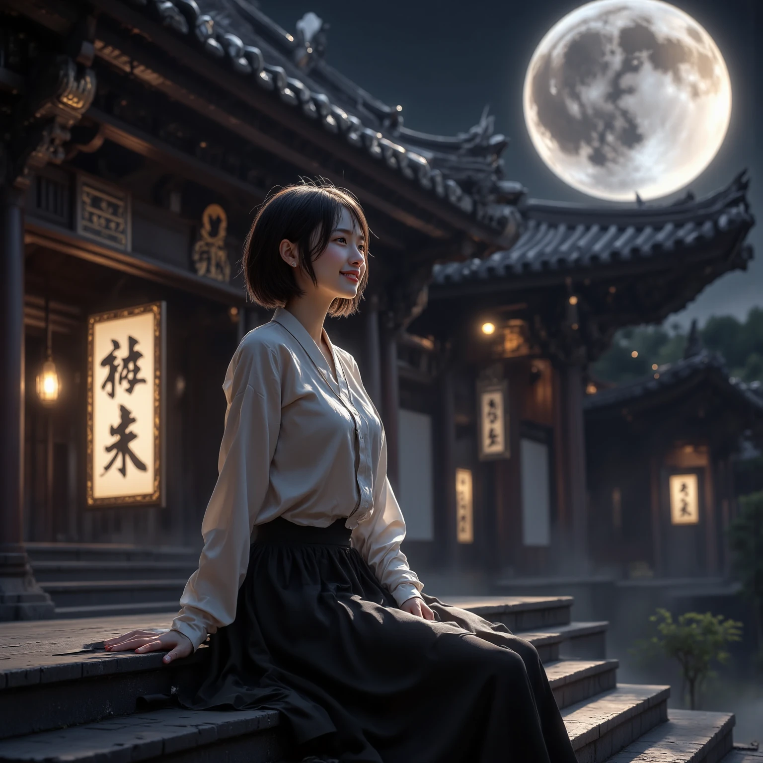 Dusk, full body, smile, Outdoors,  orbital space, simple background, 青いnull, short hair, null, temple, watching the audience, I'm sitting on the stairs, village, Soft light best quality,4K,Superb work,super realistic,photo-realistic,HDR,studio lighting for women,Superb Paintings,high resolution,clear focus,Realistic,rich colors,Bokeh