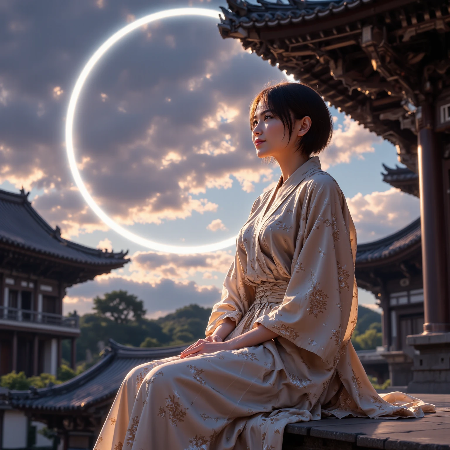 Dusk, full body, smile, Outdoors,  orbital space, simple background, 青いnull, short hair, null, temple, watching the audience, I'm sitting on the stairs, village, Soft light best quality,4K,Superb work,super realistic,photo-realistic,HDR,studio lighting for women,Superb Paintings,high resolution,clear focus,Realistic,rich colors,Bokeh