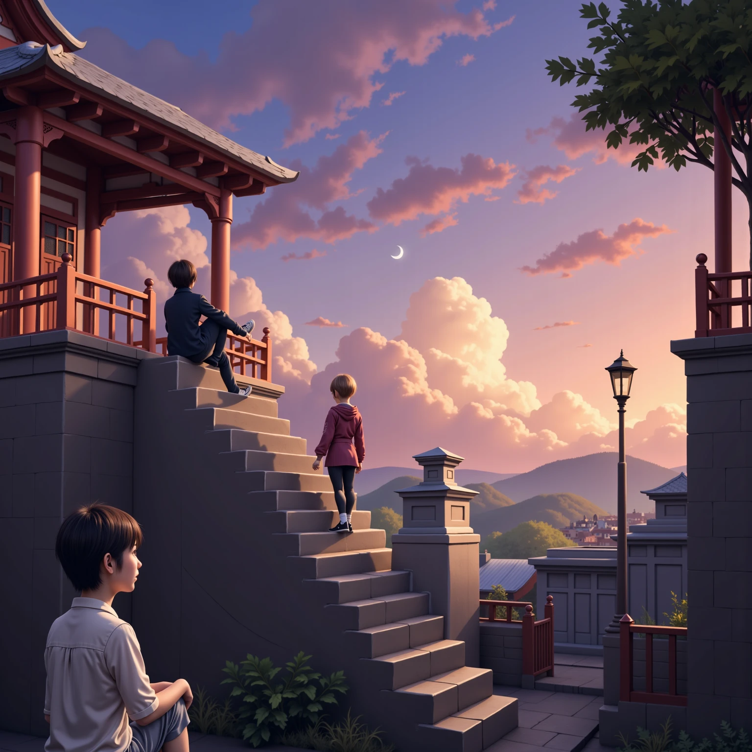 Dusk, full body, smile, Outdoors,  orbital space, simple background, 青いnull, short hair, null, temple, watching the audience, I'm sitting on the stairs, village, Soft light best quality,4K,Superb work,super realistic,photo-realistic,HDR,studio lighting for women,Superb Paintings,high resolution,clear focus,Realistic,rich colors,Bokeh