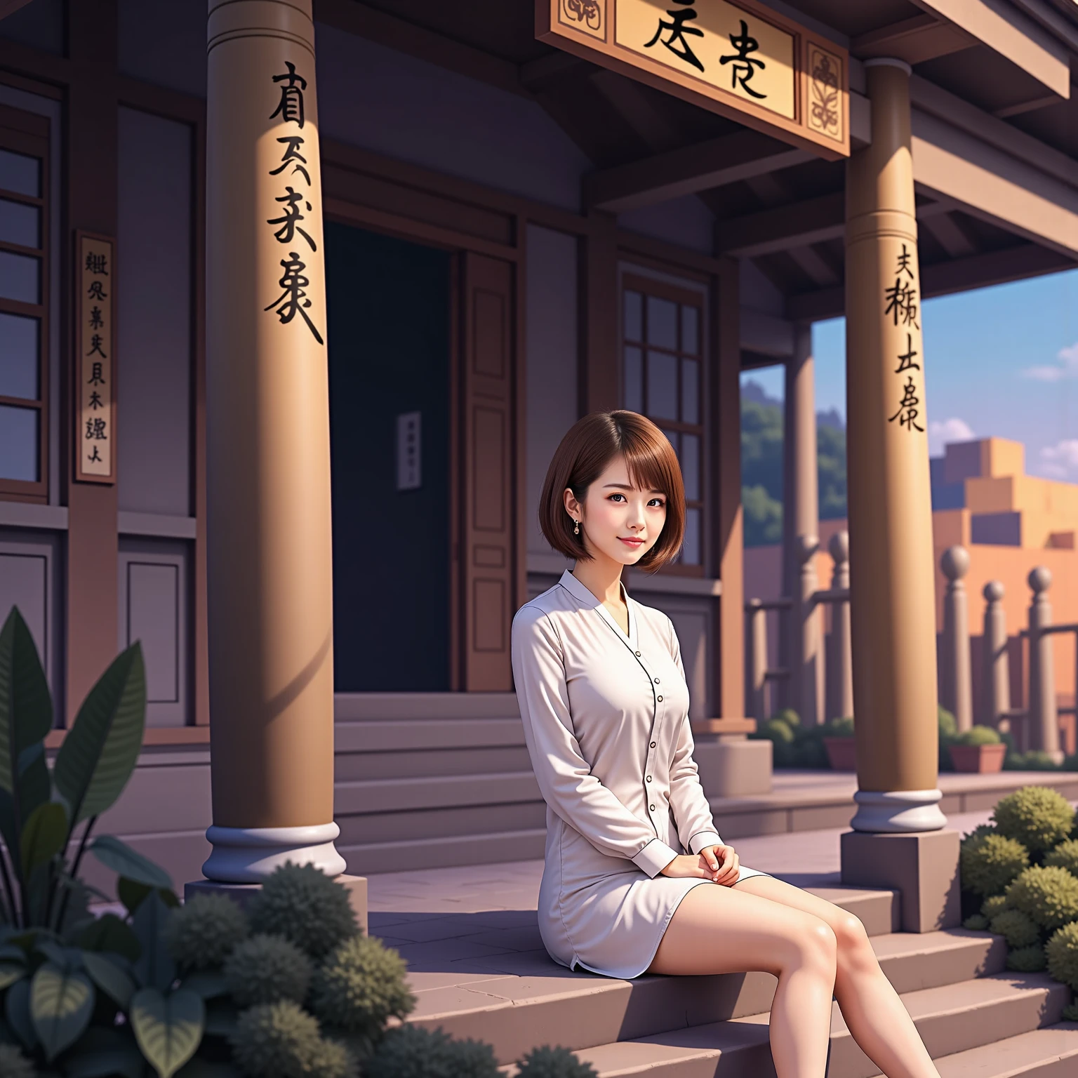 Dusk, full body, smile, Outdoors,  orbital space, simple background, 青いnull, short hair, null, temple, watching the audience, I'm sitting on the stairs, village, Soft light best quality,4K,Superb work,super realistic,photo-realistic,HDR,studio lighting for women,Superb Paintings,high resolution,clear focus,Realistic,rich colors,Bokeh