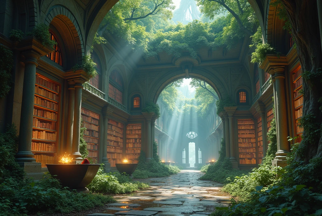 Magical ancient library,Legendary library, infuse with powerfull kitsune magic,library concept art,Forged by Kitsune God, Kitsune magic, art mtg, forest