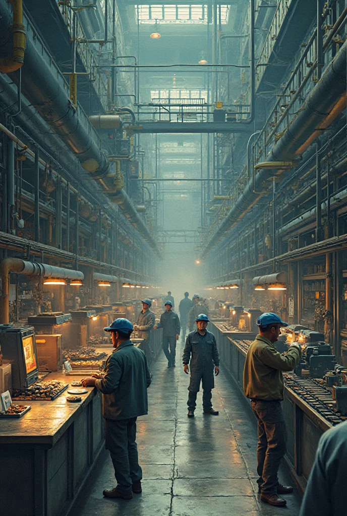 An assembly line with humans at work, at checkout, in front of a TV, All in a loop.