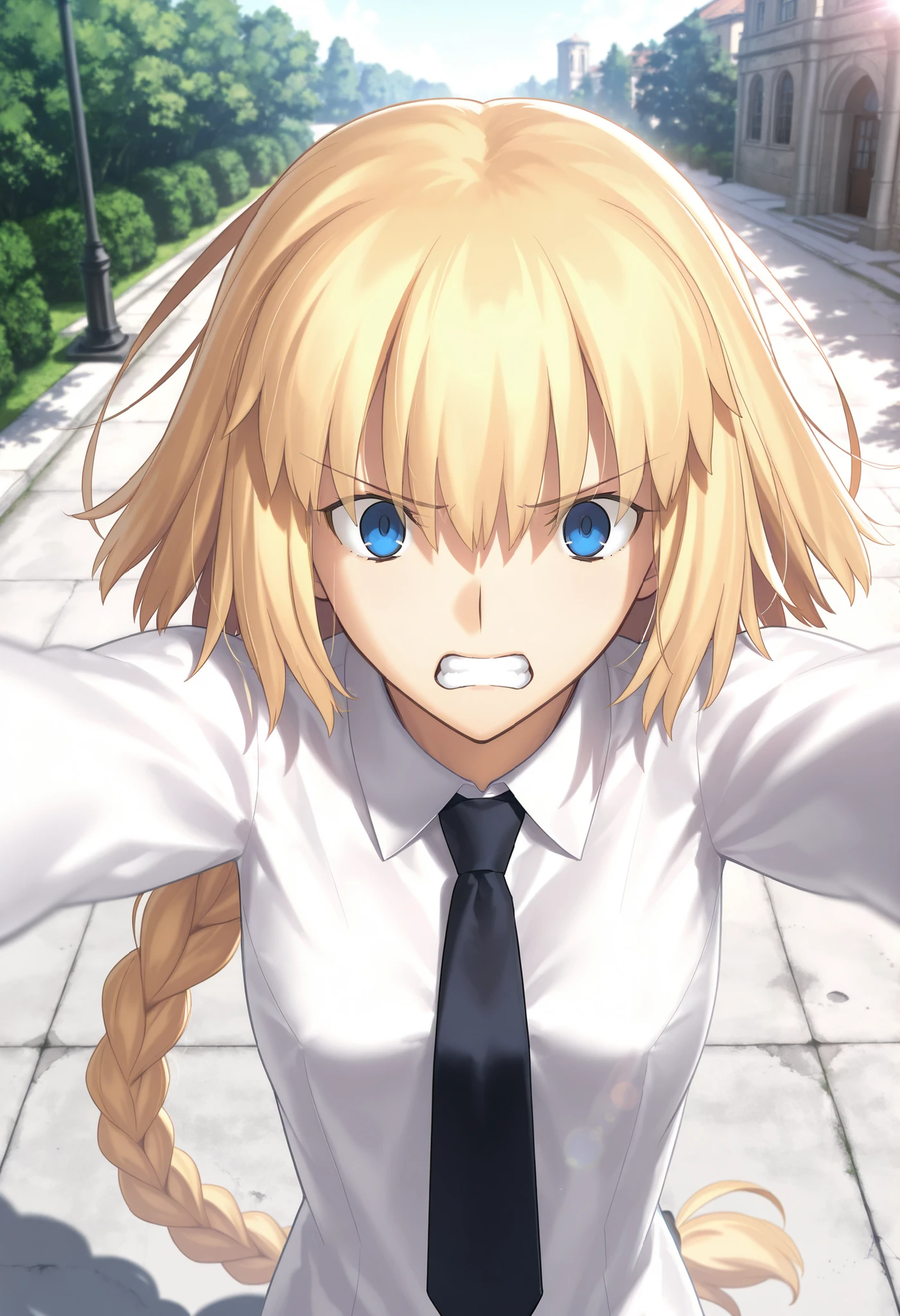 masterpiece, , absurdres, highres, detailed background, high resolution, masterpiece, necessary, detail, best quality, quality, necessary, details, High details, Precise, outdoors, (dappled sunlight), day, lens flare, blurry background, ((from above)), upper body, , solo, ,
1girl, , Takeuchi Takashi (type-moon,tsukihime) style, takeuchi takashi style, (outstretched arms), ((grimace, scared)), ((Yelling out)), hands up,
tall girl, mature, jeanne d arc, \(fgo\), blue eyes, , jeanne d arc, blonde hair, medium hair, ( floating hair ), (open white dress shirt), black necktie ,big braid, single braid, small breasts, underwear, looking at viewer, , concrete, , ,