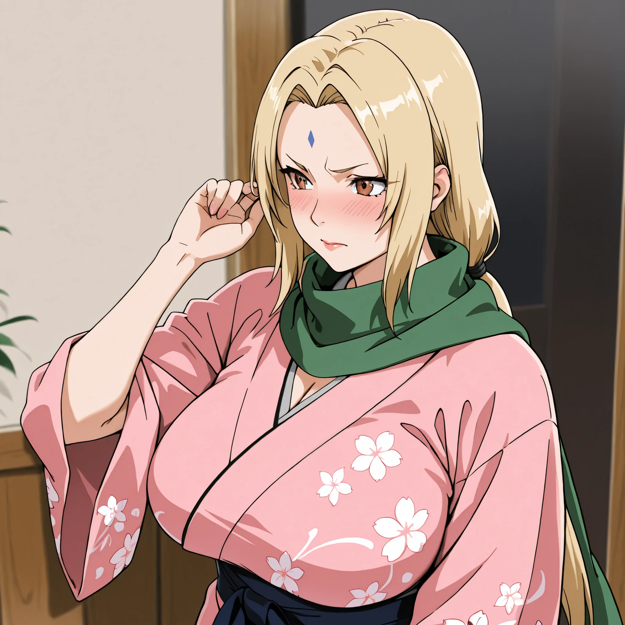 Tsunade, one girl, blonde hair , big breasts, brown eyes, forehead mark , face sign , cowboy picture,, Japanese clothes, Kimono, Hair ornament, blush, Flower of hair, pink Kimono, scarf, topple, flower print , Wide sleeves