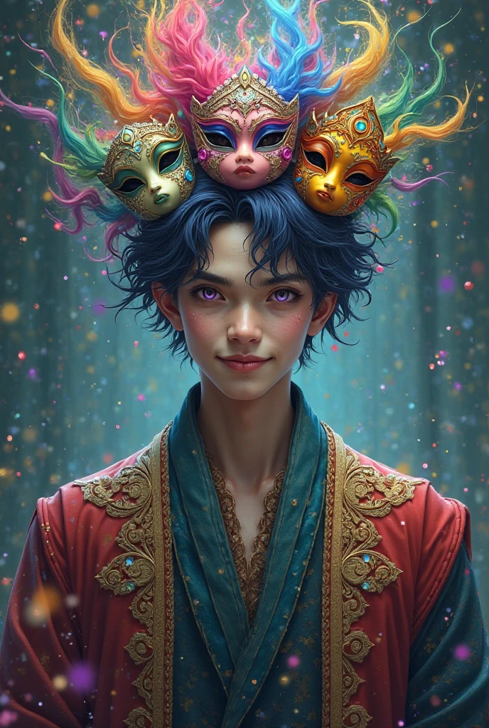 Homme de 25 ans, a des masques onis qui vole au dessus de sa tête, à des yeux et des cheveux multicolores. A des vêtements de roi et un sourire mystérieux 