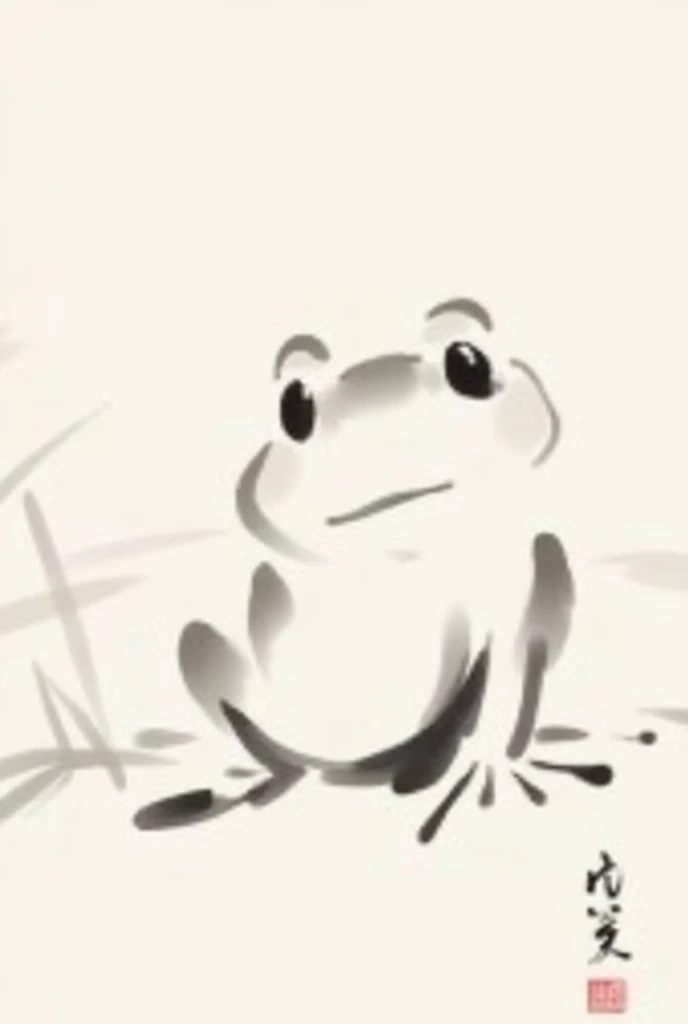 A graceful depiction of a frog standing upright and facing forward, its wide smile radiating charm and warmth. The ink strokes are delicate yet bold, capturing the frog's elegant form and the serene simplicity of traditional sumi-e art. The background is minimalist, with subtle hints of water and reeds blending seamlessly with the soft, flowing brushwork.