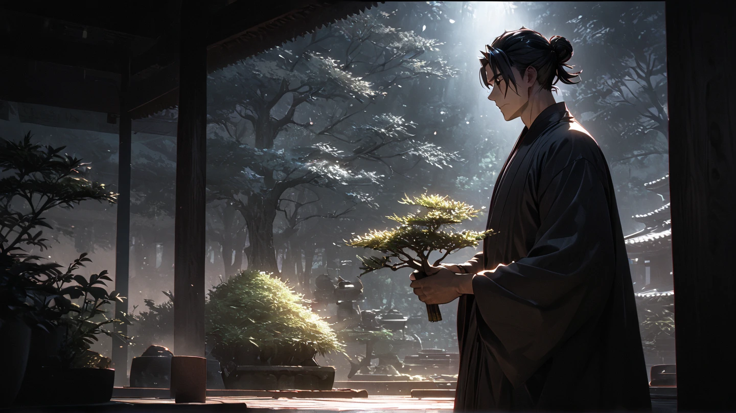 (masterpiece), (best quality), score_9, score_8_up, score_7_up, (masterpiece:1.2), (best quality:1.3), 1boy, handsome, muscular, Buddhist, monk_robes, hair bun, planting tree, Zen garden, taoism, low light, dark, dim, cinematic lighting, high contrast, rim lighting, ray_tracing, global illumination, glow, masterful composition, dynamic movement
