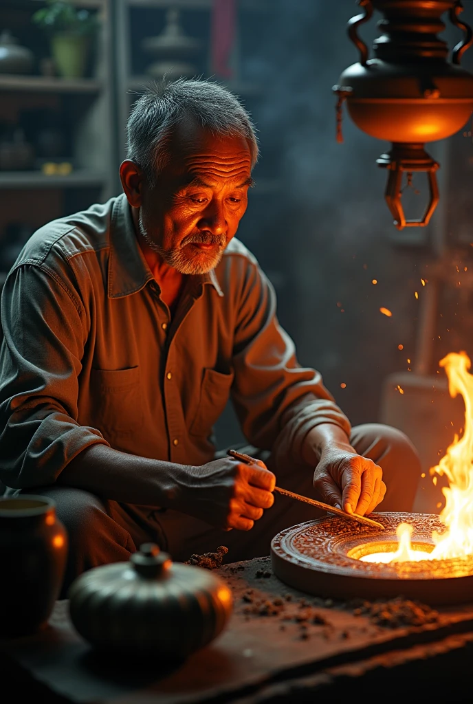 An elderly Vietnamese man, with short silver hair and a deeply wrinkled face, sits hunched over and cross-legged. His upper body is bare, revealing tanned, weathered skin marked by age. Around his neck hangs a simple necklace made of fabric string. His wrinkled, veiny hands are skillfully working: in his left hand he holds a sharp chisel, while his right hand strikes it with a hammer. He is meticulously carving fine details to complete a traditional Đông Sơn bronze drum — a cultural relic of ancient Vietnam. The drum surface features a many-pointed sun pattern at the center, surrounded by Lạc birds flying and human figures pounding rice. The background is filled with blacksmithing and carving tools, with a roaring furnace used for metal casting, all under a smoky, rustic atmosphere.

Highly detailed, historical accuracy, ancient Vietnamese artisan, earthy colors, warm firelight, realistic textures.