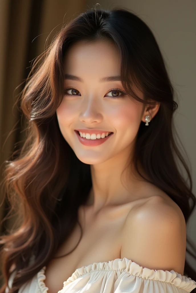 1 young asian girl standing in front,topless, smile,A happy look on his face,Showing fangs,cowboy lens,Cinematic lighting effects, bare shoulders, bare legs, 4k, 8k, high-res, facing camera.