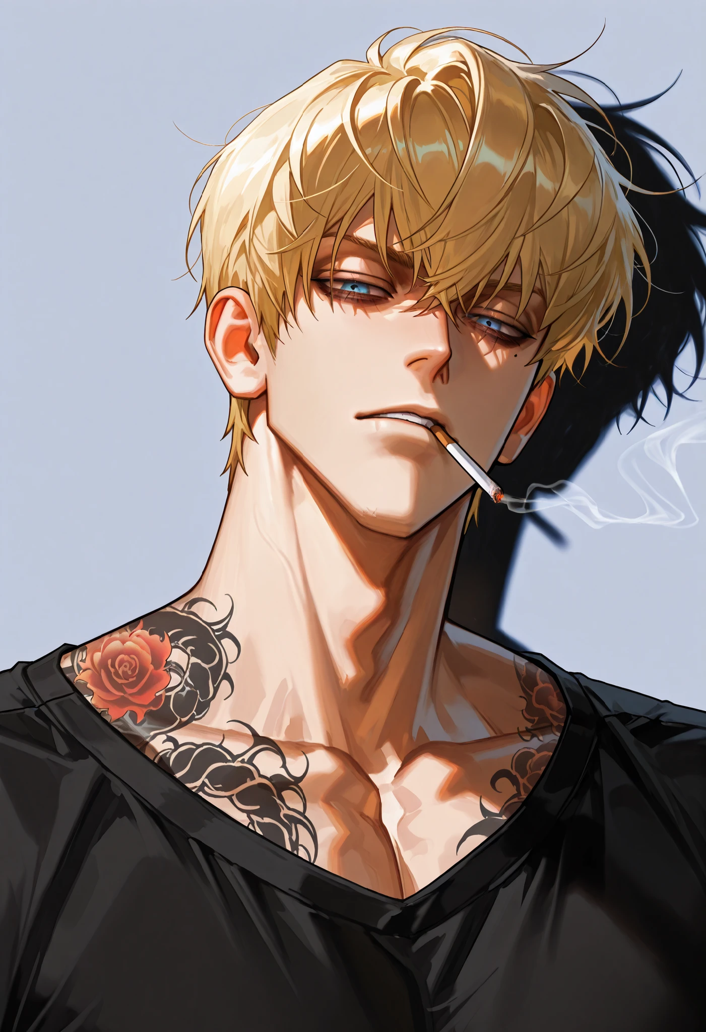 1man, looking at viewer, handsome, simple background, blonde hair, blue eyes, keen eyes, dark circles under the eyes , short hair, high detail, blonde hair, muscular, Yakuza tattoo, black shirt, cigarette in mouth, bulky body