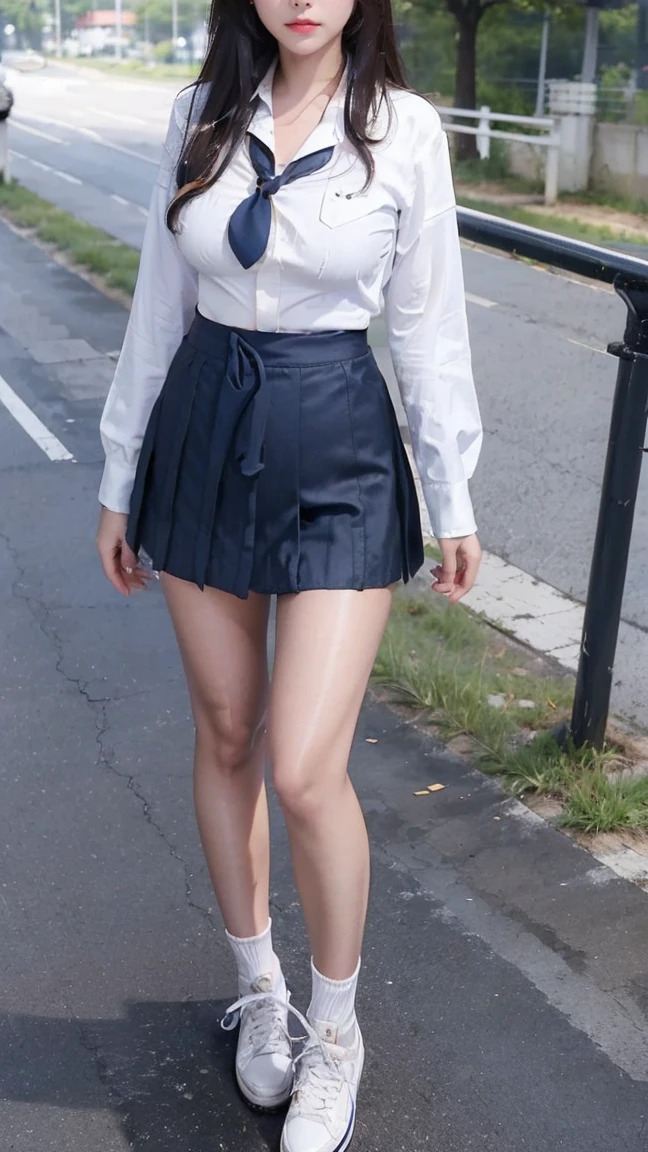 (masterpiece:1.3, highest quality), (realistic, photorealistic:1.4), beautiful illustrations, perfect lighting, colorful, written boundary depth,
looking at the viewer, full body, Front view:0.6, 1 girl, alone, Japanese, high school girl, Improve, (Medium chest, big ass, seductive thighs, skin dents),
(short hair:1.5), asymmetrical bangs, red eye, parted lips, (very tanned and shiny skin),
beautiful hair, beautiful face, highly detailed face, fine and beautiful eyes, beautiful clavicle, beautiful body, beautiful breasts, beautiful thighs, beautiful feet, beautiful fingers, beautiful calves,
(beautiful scenery), daytime, outdoor,sexy (enchanting smile),(blonde:1.5),Gray plaid pleated skirt, black tights, plump thighs,black jacket,loafers,