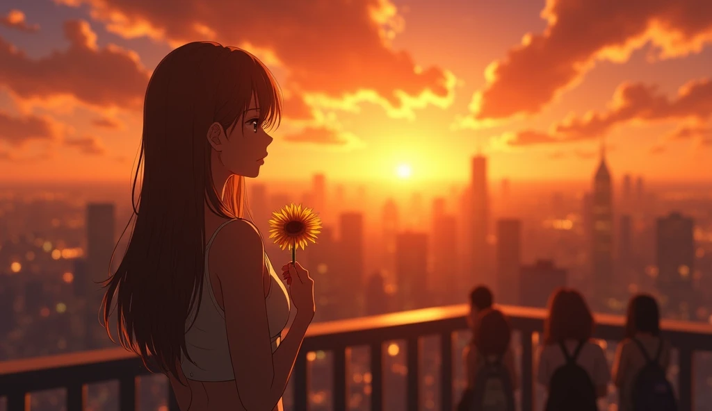 Anime-style scene of a woman standing alone on a rooftop in a bustling city during golden hour. The skyline is lit by a distant, blinding sunset, representing someone she can’t reach. In her hand is a small, slightly wilted sunflower, clutched close to her . Behind her, the city lights begin to glow, but she looks only toward the sun. Her expression is full of silent heartbreak and stubborn hope. People below move on with their lives, unaware. The atmosphere is melancholic, symbolic, and emotionally charged. Realistic anime-style, glowing sunset light, cinematic mood, high resolution.
