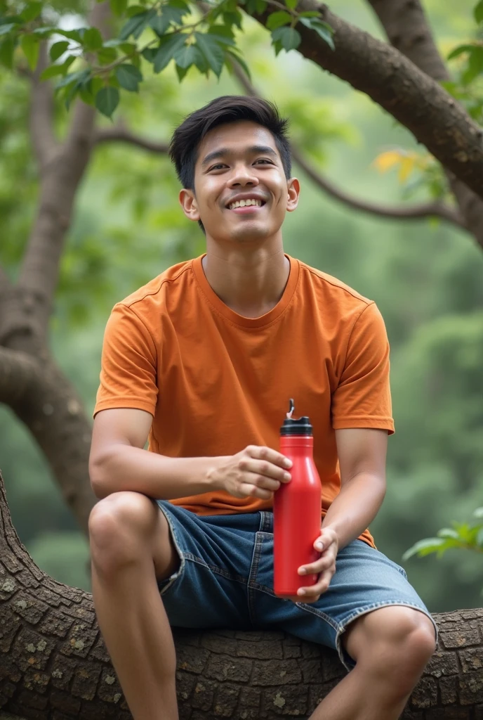 photorealistic, best quality, masterpiece, extremely detailed, sexy, homoerotic, extremely handsome, youthful, 25 year old muscular malay man, ((muscular bodybuilder)), ((massive thighs)), tight booty shorts, sweaty, big smile, happy, sitting relaxed on bench, holds out water bottle towards camera, at park, looking directly at camera, side view, extremely romantic atmosphere, perfect face, perfect fingers, perfect hands, perfection