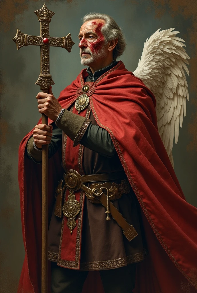 Create a konrad from 3 parts of Adam Mickiewicz's grandparents - Mask that symbolizes the change of identity, In his hand he will hold a cross which is to be a symbol of his dedication to the nation and on the field side of the hero is to be the devil and to the right an angel