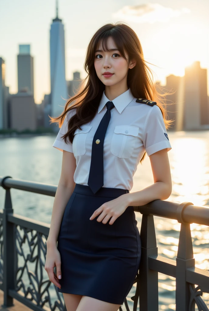 a beautiful woman in a pilot's uniform, a gorgeous female pilot, a beautiful girl, a stunning woman, a graceful woman in a mini skirt, detailed eyes, detailed lips, extremely detailed face, long eyelashes, slender waist, hyperrealistic, photorealistic, 8k, best quality, masterpiece, ultra-detailed, physically-based rendering, vivid colors, dramatic lighting, beautiful portrait, elegant fashion illustration