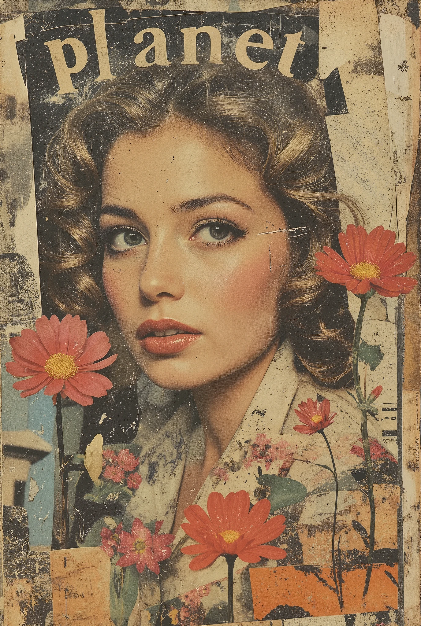 Vintage collage, reminiscent of the psychedelic era of the 1960s, with cut-out fragments from old magazines.Surreal digital art in the collage style of an old cover of a vintage glamorous magazine from 1950-1960, a mix of Playboy covers from the 1960s and Soviet retro magazines, the title "Planet" is placed at the very top, superimposed on it
An expressive portrait of a young glamorous female star in close-up, the central image of the glamorous diva actress, her cold, arrogant smile softened by delicate floral patterns, surrounded by a bright array of flowers in full bloom. The collage consists of various textures and patterns, including newspaper clippings, faded photographs, and man-made elements. The color palette is a mixture of muted tones and bright, contrasting shades, creating a feeling of both nostalgia and rebellion. The composition is deliberately chaotic, with elements overlapping each other and going beyond the edges, adding to the raw, unfiltered aesthetics.