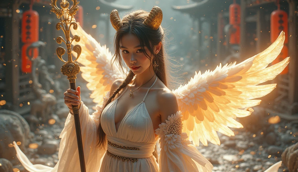 Black Hair, Hair shaking, victory, Long eyelashes, Solid round eye, A faint smile, ears red, direction, Surrealism, shadow, Relief, Stereogram, Standing picture, Throw, Atmospheric perspective, 8K, Super Detail, precise, best quality.masterpiece, best quality, (Extremely detailed CG unity 8k wallpaper), (best quality), (Best Illustration), (The best shadow), absurd, Realistic lighting, (abyss), Beautiful and delicate light, Peter Moore (Peter Mohr Bacher) Artworks,(White Wings 1.3)。Angel Girl,Flying to the clouds,White Cloud,White Cloud,Blue sky。Blue sky。Blue sky。(White papal robe1.3),(Golden Wings 1.3),Wearing a crown on his head,