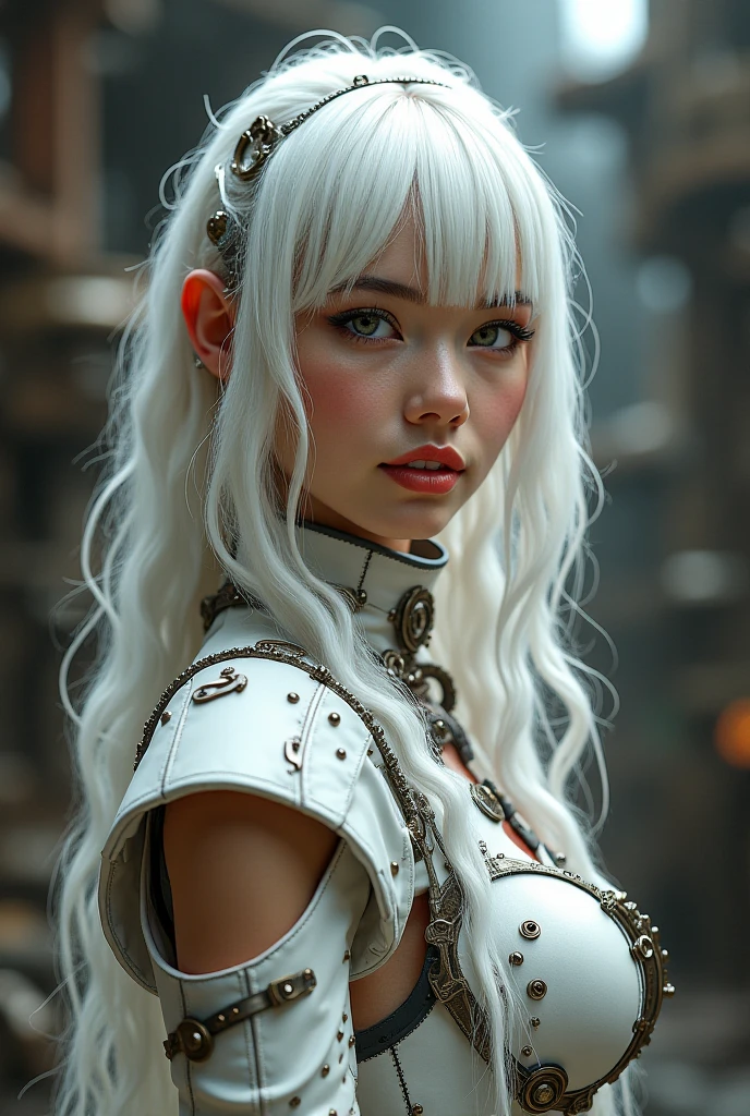 White hair beauty wearing very little steampunk-styled clothes. She is smiling.