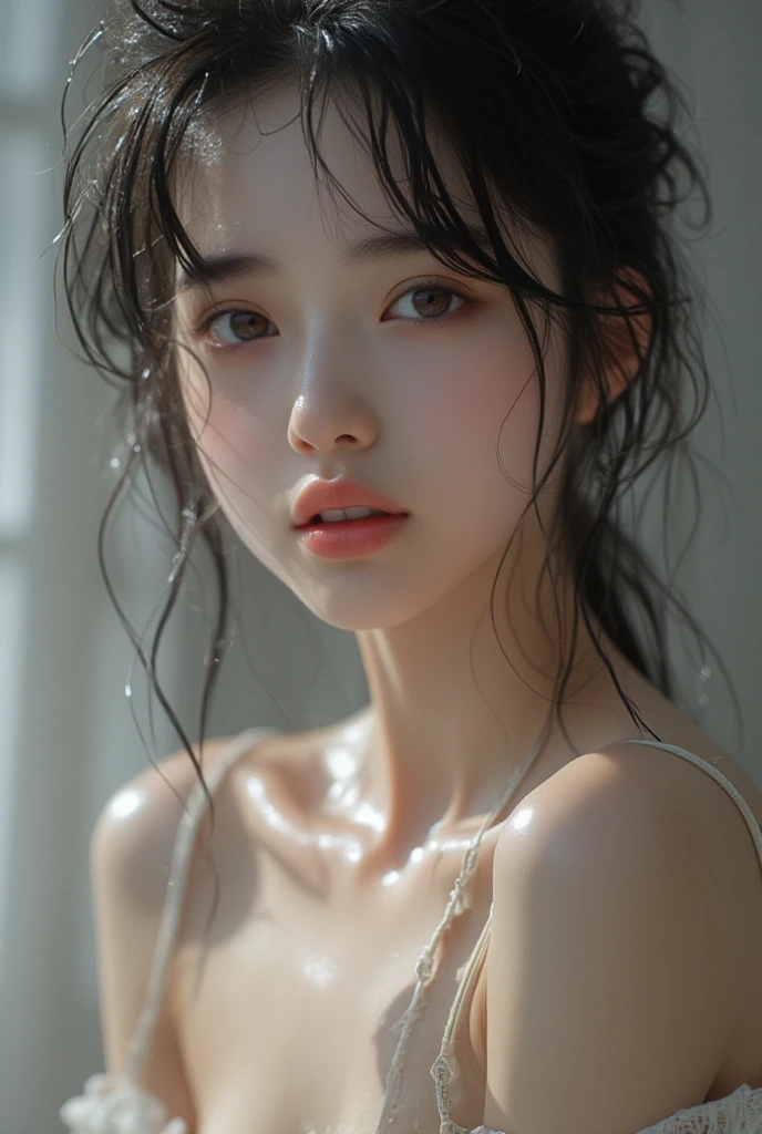 RAW photos:1.2), (realistic), ((jogging along a path)), ((Face and body soaked in a milky liquid:1.2)), upper body shot, beautiful detailed girl, very detailed eyes and face, beautiful and delicate eyes, huge file size, high resolution, very detailed, best quality, very detailed, fine details, best quality, 8K wallpapers, Natural light illumination, 15-year-old sister, ((in the forest)), bright background, sleepy expression, messy hair, slim body, young face, immature body , Sunlight lighting, ((White tank top)),