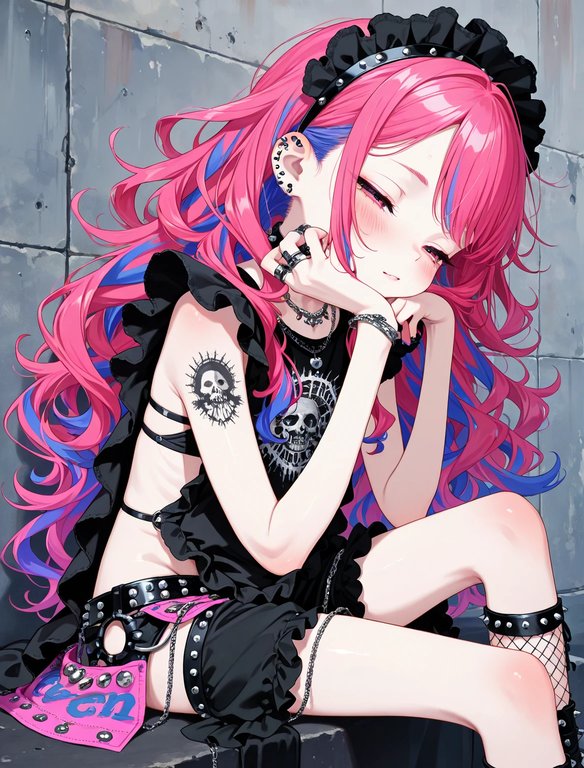 1girl, Holo-Punk Style, beautiful woman in messy bedroom, poofy hair, eyeliner, emo, emo makeup, goth, bright pink hair, head ornament, stockings