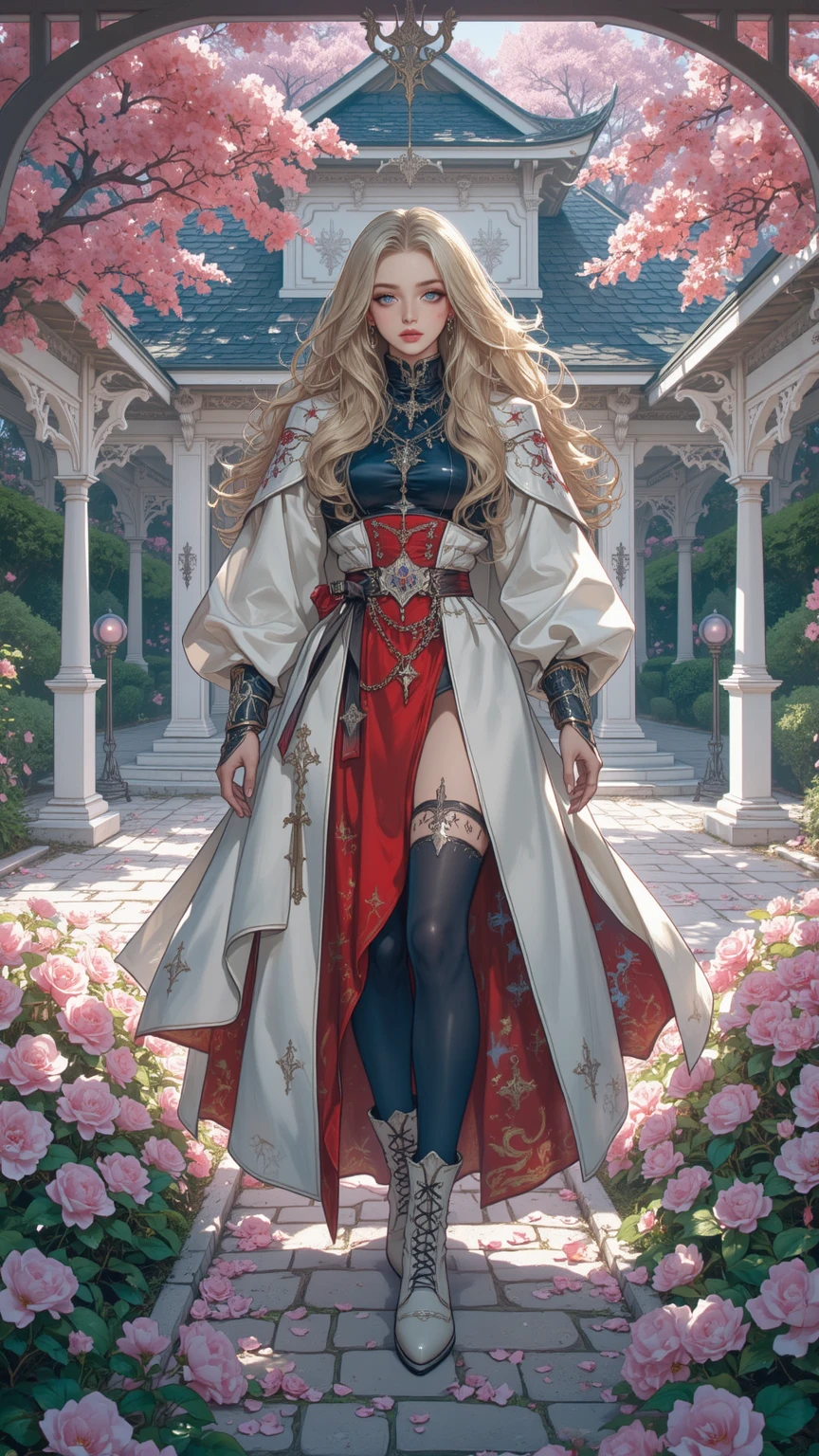  4K anime style quality ,Chaos The female character of the title,Semi-realistic Illustration,Long wavy blonde hair,Violent blue eyes,Elegant white skin,hourglass figure adorned with scars,Perfect big ，wearing a flag robe between a light pink and white room,is adorned with exquisite silver details,Skirt flowing,Long coat Cloak on shoulders,dark knee socks and light boots, Volumizing Voluminous natural ,standing in a dramatic garden with cherry blossoms at dusk,Pose spreading power,Posture Dynamic,Film lighting is strong