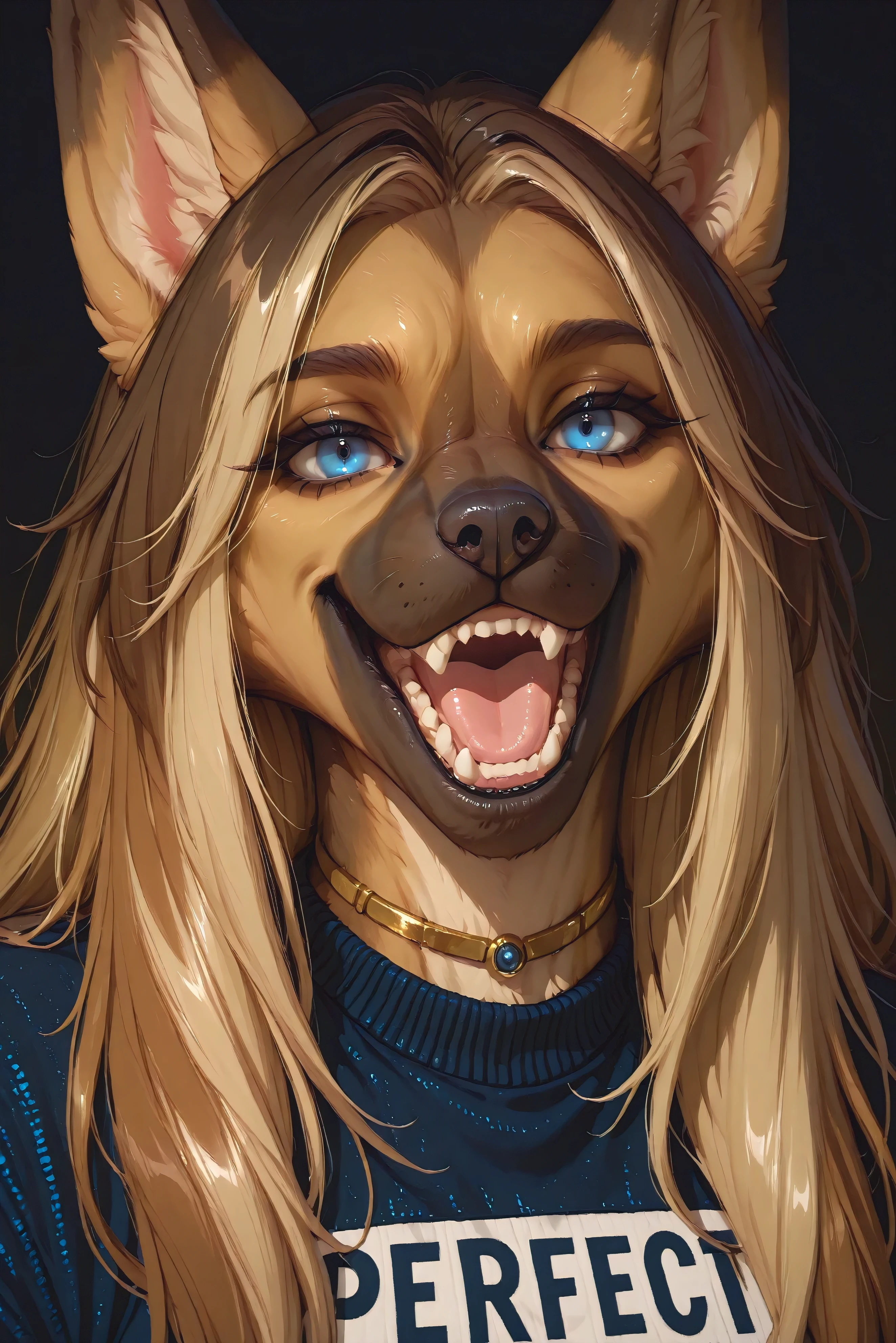 anthro german shepherd, solo, female furry, dark-brown dyed hair, blonde hair, long hair, blue eyes, open mouth, upper body, portrait, transparent cropped sweater, golden bracelets, dark background, looking at viewer, perfect teeth