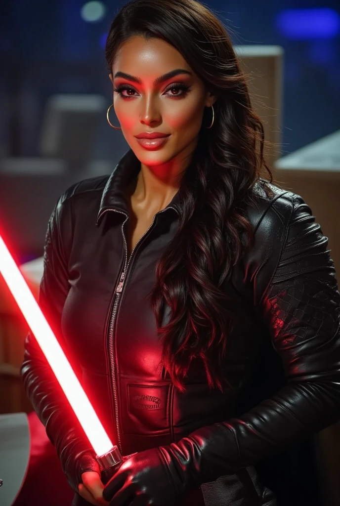 Beautiful brunette woman, wearing sleeveless metallic black leotards, red belt, holding a laser gun, red legwarmers, hips to the side, realistic