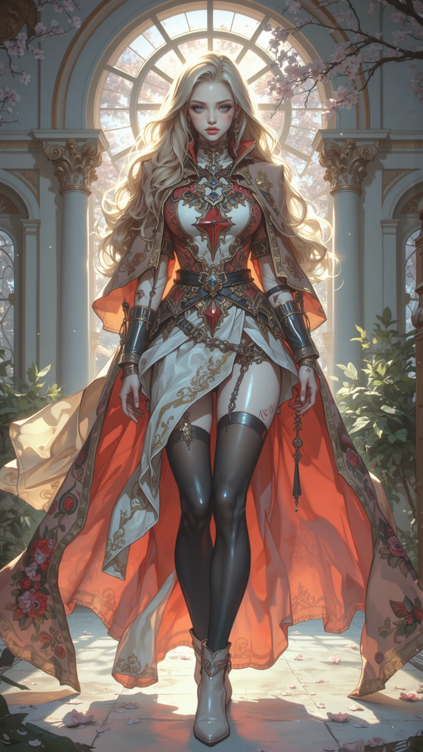 "Digital art illustration, masterpiece quality, ultra detailed character design of Lady Isolde, late 30s, ethereal beauty, deep captivating eyes, dressed in iconic red/white elaborate Grand Inquisitor uniform with symbols of The Holy Ethereal, aura of power and determination, background hinting at shadowed halls of power and sacred chambers. Art style: Renaissance dark erotic fantasy, high resolution, HDR lighting, intricate details, (by oprisco:1.2), (by marat safin:1.2), (masterpiece:1.5), (ultra detailed character design:1.5), wide angle lens."