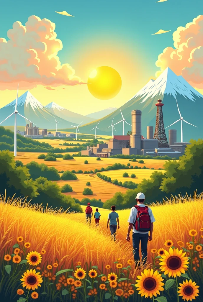 Модель носит стеклянные солнцезащитн"Create a vibrant, detailed illustration showcasing the key industries of Stavropol Krai, Russia. The scene should include:

Agriculture – Fields of wheat, sunflowers, and vineyards with farmers working.

Energy Sector – Solar panels, wind turbines, and oil/gas extraction equipment.

Food Processing – Factories producing dairy, meat, and canned goods.

Tourism & Resorts – Famous landmarks like Mount Elbrus in the distance, sanatoriums, and people hiking.

Manufacturing – Machinery, chemical plants, and textile production.

Style: Semi-realistic or digital painting with warm, natural colors. The composition should be balanced, with a rural landscape transitioning into industrial zones. Include symbolic elements like a rising sun (progress) and the Caucasian Mountains in the background. The mood should be optimistic and prosperous."*ые очки, на которых изображены звезды и луна