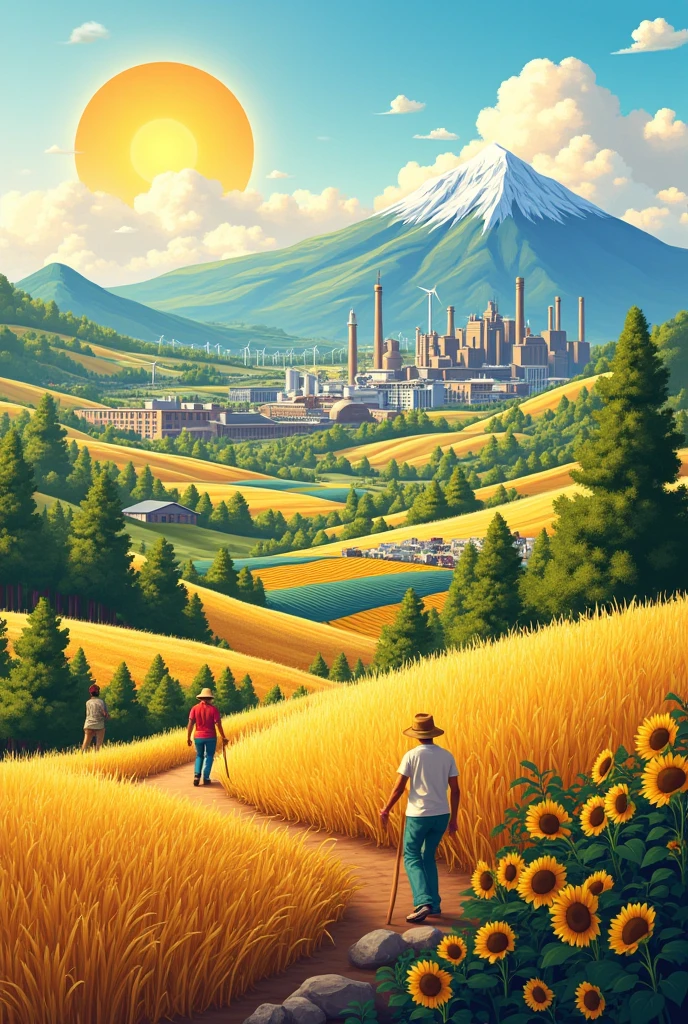 "Create a vibrant, detailed illustration showcasing the key industries of Stavropol Krai, Russia. The scene should include:

Agriculture – Fields of wheat, sunflowers, and vineyards with farmers working.

Energy Sector – Solar panels, wind turbines, and oil/gas extraction equipment.

Food Processing – Factories producing dairy, meat, and canned goods.

Tourism & Resorts – Famous landmarks like Mount Elbrus in the distance, sanatoriums, and people hiking.

Manufacturing – Machinery, chemical plants, and textile production.

Style: Semi-realistic or digital painting with warm, natural colors. The composition should be balanced, with a rural landscape transitioning into industrial zones. Include symbolic elements like a rising sun (progress) and the Caucasian Mountains in the background. The mood should be optimistic and prosperous."*